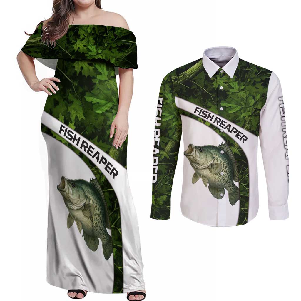 Crappie Fishing Green Camo Couples Matching Off Shoulder Maxi Dress and Long Sleeve Button Shirt with Leaf Camouflage and Custom Name Design - Wonder Print Shop