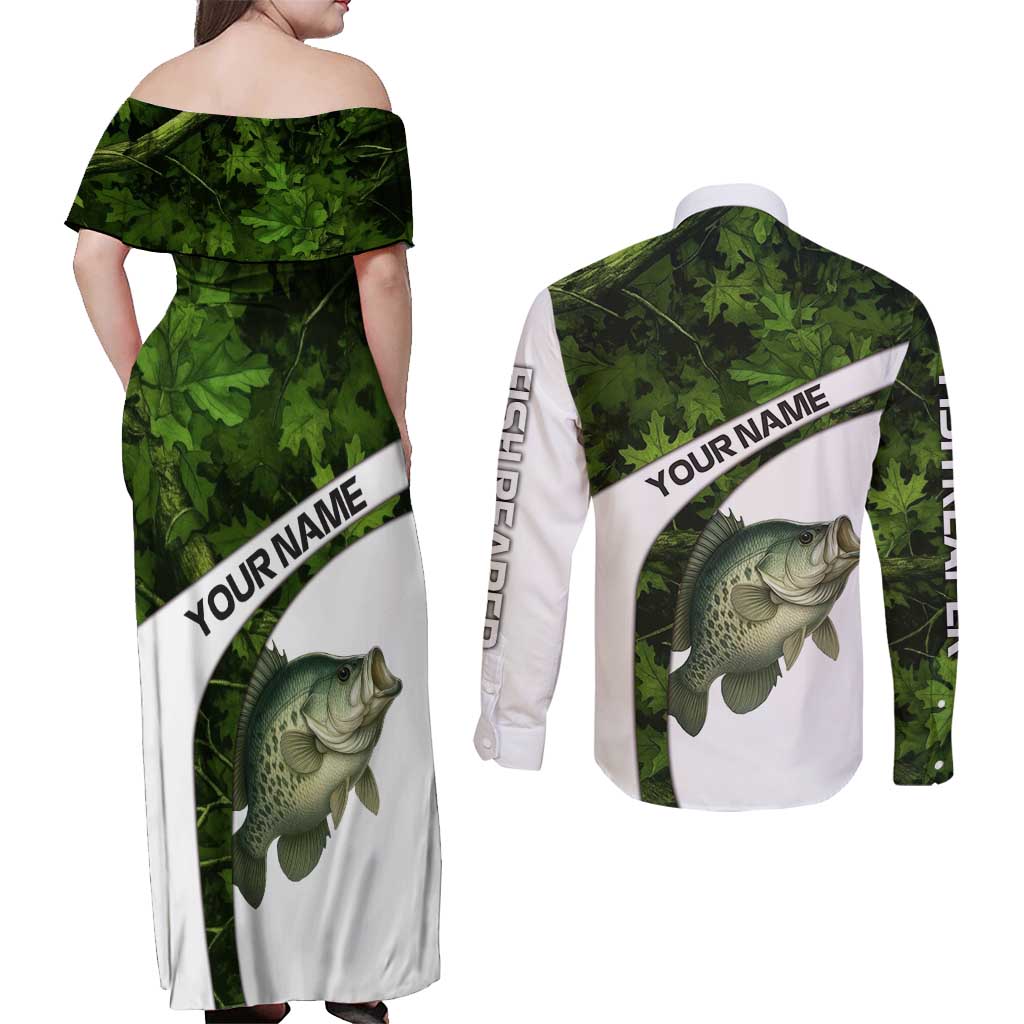 Crappie Fishing Green Camo Couples Matching Off Shoulder Maxi Dress and Long Sleeve Button Shirt with Leaf Camouflage and Custom Name Design - Wonder Print Shop
