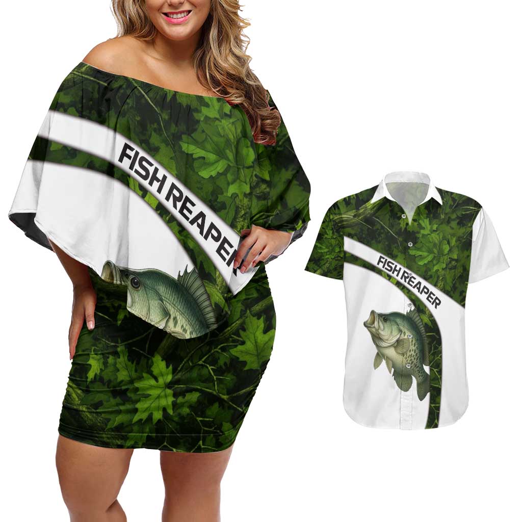 Crappie Fishing Green Camo Couples Matching Off Shoulder Short Dress and Hawaiian Shirt with Leaf Camouflage and Custom Name Design - Wonder Print Shop