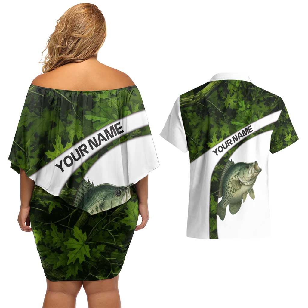 Crappie Fishing Green Camo Couples Matching Off Shoulder Short Dress and Hawaiian Shirt with Leaf Camouflage and Custom Name Design - Wonder Print Shop