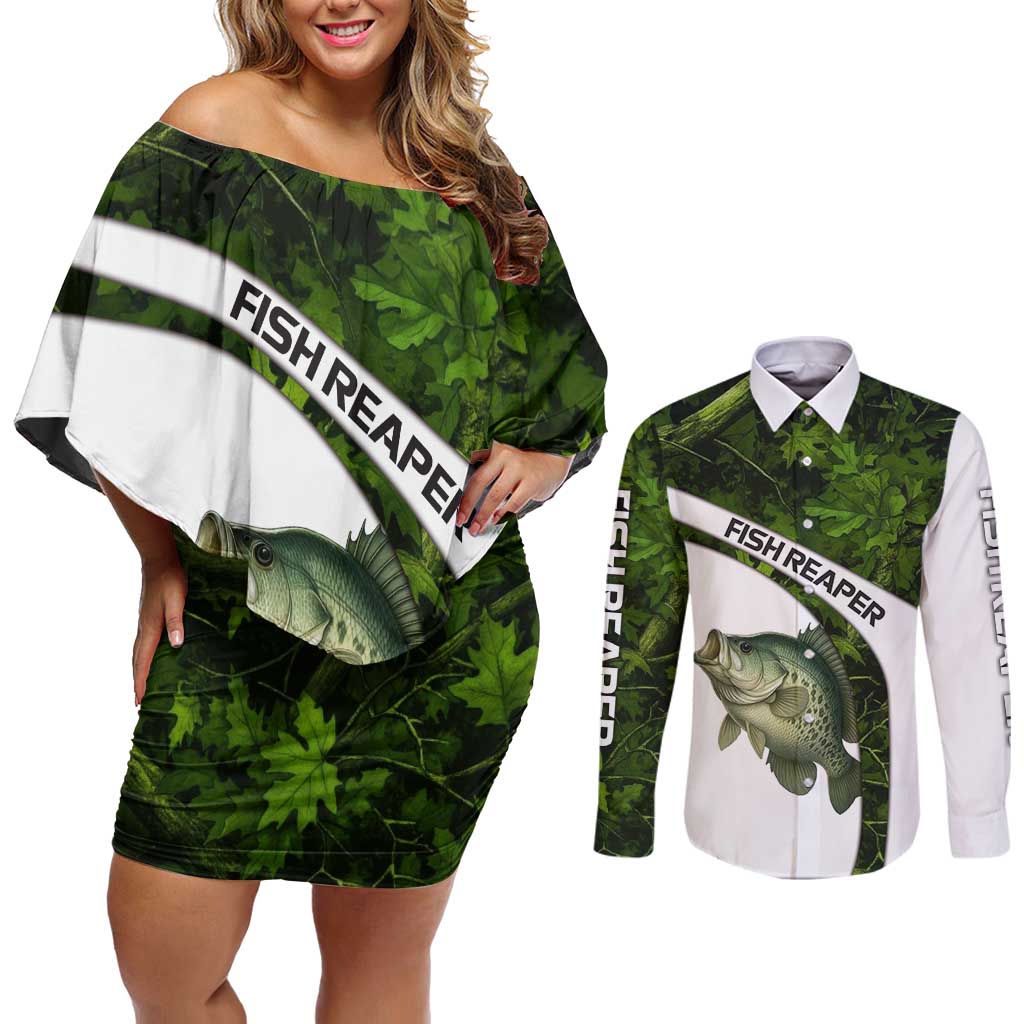 Crappie Fishing Green Camo Couples Matching Off Shoulder Short Dress and Long Sleeve Button Shirt with Leaf Camouflage and Custom Name Design - Wonder Print Shop