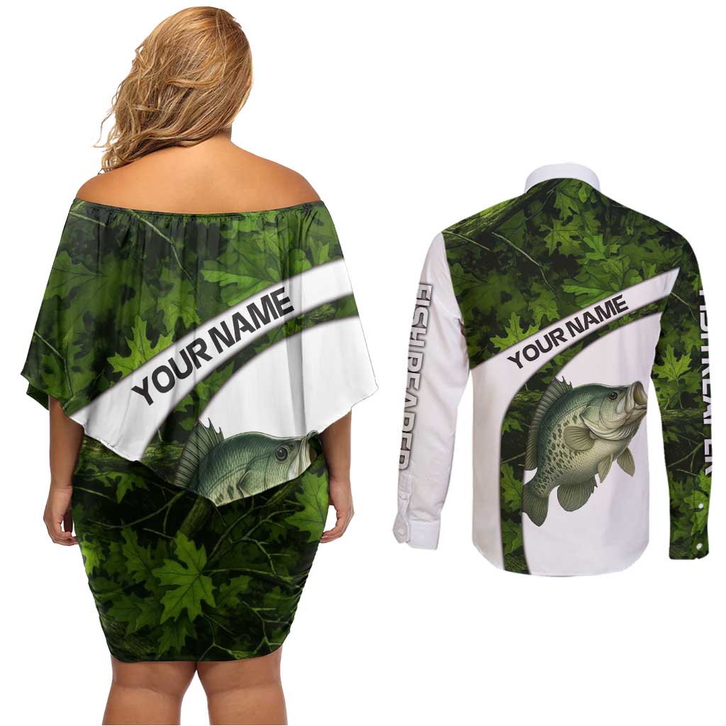 Crappie Fishing Green Camo Couples Matching Off Shoulder Short Dress and Long Sleeve Button Shirt with Leaf Camouflage and Custom Name Design - Wonder Print Shop