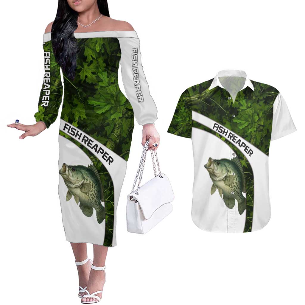 Crappie Fishing Green Camo Couples Matching Off The Shoulder Long Sleeve Dress and Hawaiian Shirt with Leaf Camouflage and Custom Name Design - Wonder Print Shop