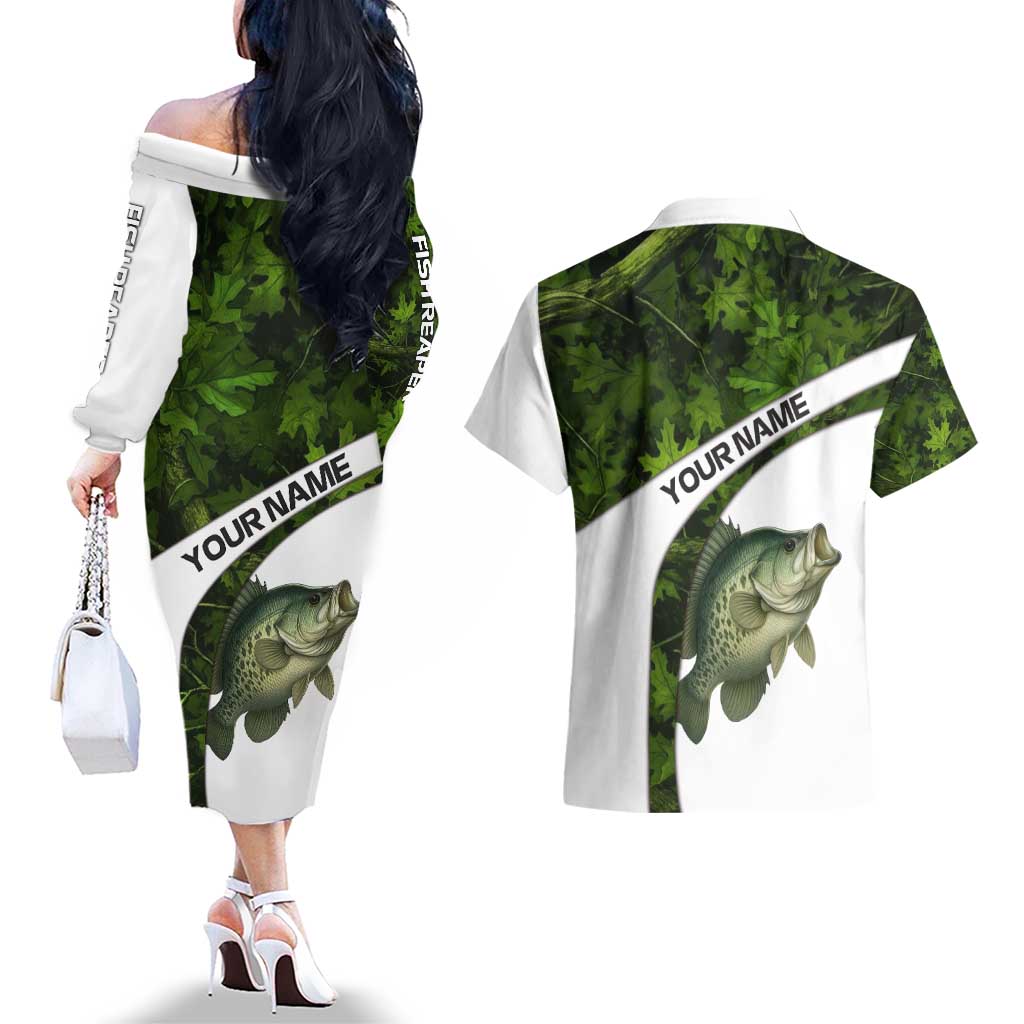 Crappie Fishing Green Camo Couples Matching Off The Shoulder Long Sleeve Dress and Hawaiian Shirt with Leaf Camouflage and Custom Name Design - Wonder Print Shop