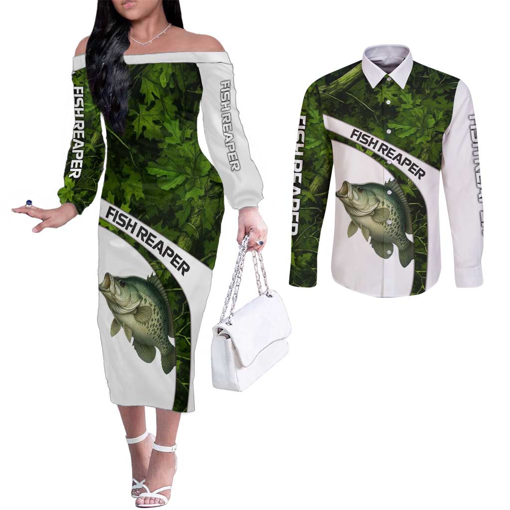 Crappie Fishing Green Camo Couples Matching Off The Shoulder Long Sleeve Dress and Long Sleeve Button Shirt with Leaf Camouflage and Custom Name Design - Wonder Print Shop