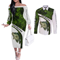 Crappie Fishing Green Camo Couples Matching Off The Shoulder Long Sleeve Dress and Long Sleeve Button Shirt with Leaf Camouflage and Custom Name Design - Wonder Print Shop