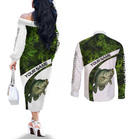 Crappie Fishing Green Camo Couples Matching Off The Shoulder Long Sleeve Dress and Long Sleeve Button Shirt with Leaf Camouflage and Custom Name Design - Wonder Print Shop