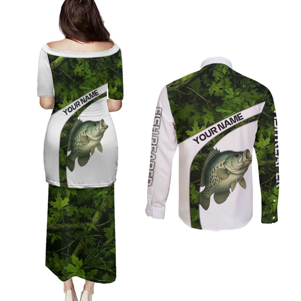 Crappie Fishing Green Camo Couples Matching Puletasi and Long Sleeve Button Shirt with Leaf Camouflage and Custom Name Design - Wonder Print Shop