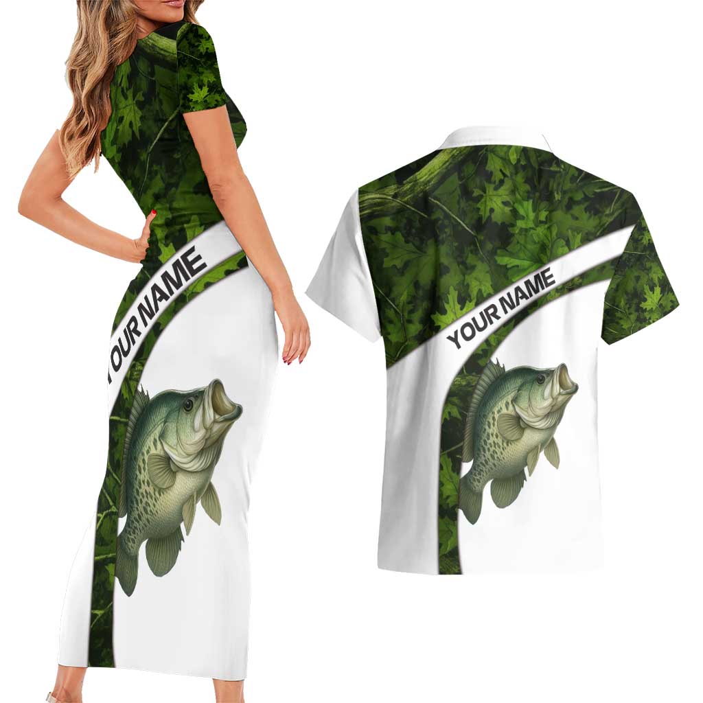 Crappie Fishing Green Camo Couples Matching Short Sleeve Bodycon Dress and Hawaiian Shirt with Leaf Camouflage and Custom Name Design - Wonder Print Shop