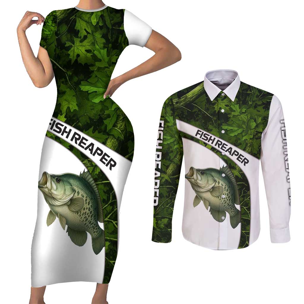 Crappie Fishing Green Camo Couples Matching Short Sleeve Bodycon Dress and Long Sleeve Button Shirt with Leaf Camouflage and Custom Name Design - Wonder Print Shop