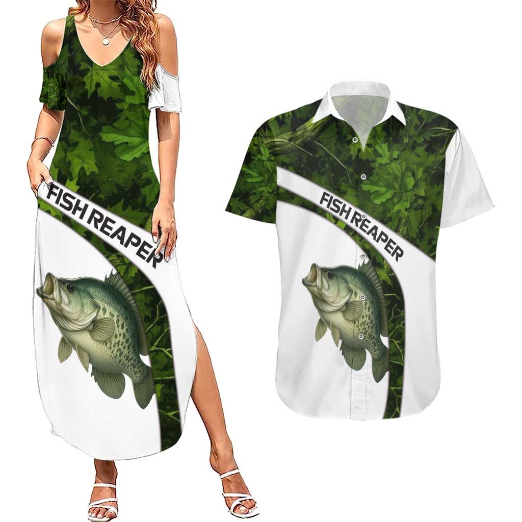 Crappie Fishing Green Camo Couples Matching Summer Maxi Dress and Hawaiian Shirt with Leaf Camouflage and Custom Name Design - Wonder Print Shop