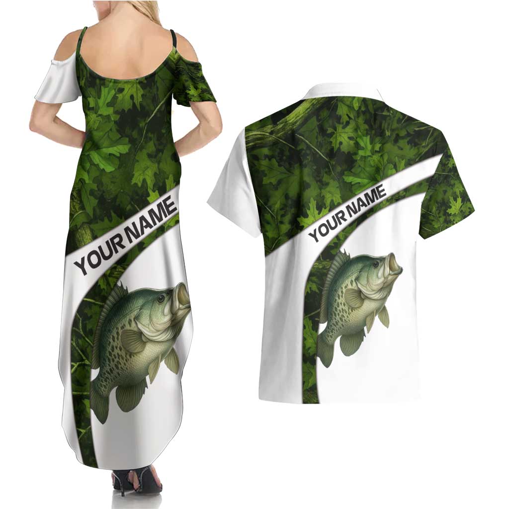 Crappie Fishing Green Camo Couples Matching Summer Maxi Dress and Hawaiian Shirt with Leaf Camouflage and Custom Name Design - Wonder Print Shop