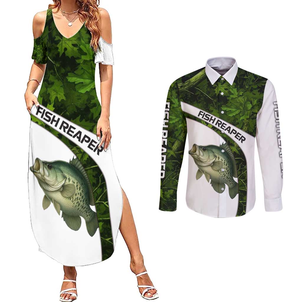 Crappie Fishing Green Camo Couples Matching Summer Maxi Dress and Long Sleeve Button Shirt with Leaf Camouflage and Custom Name Design - Wonder Print Shop