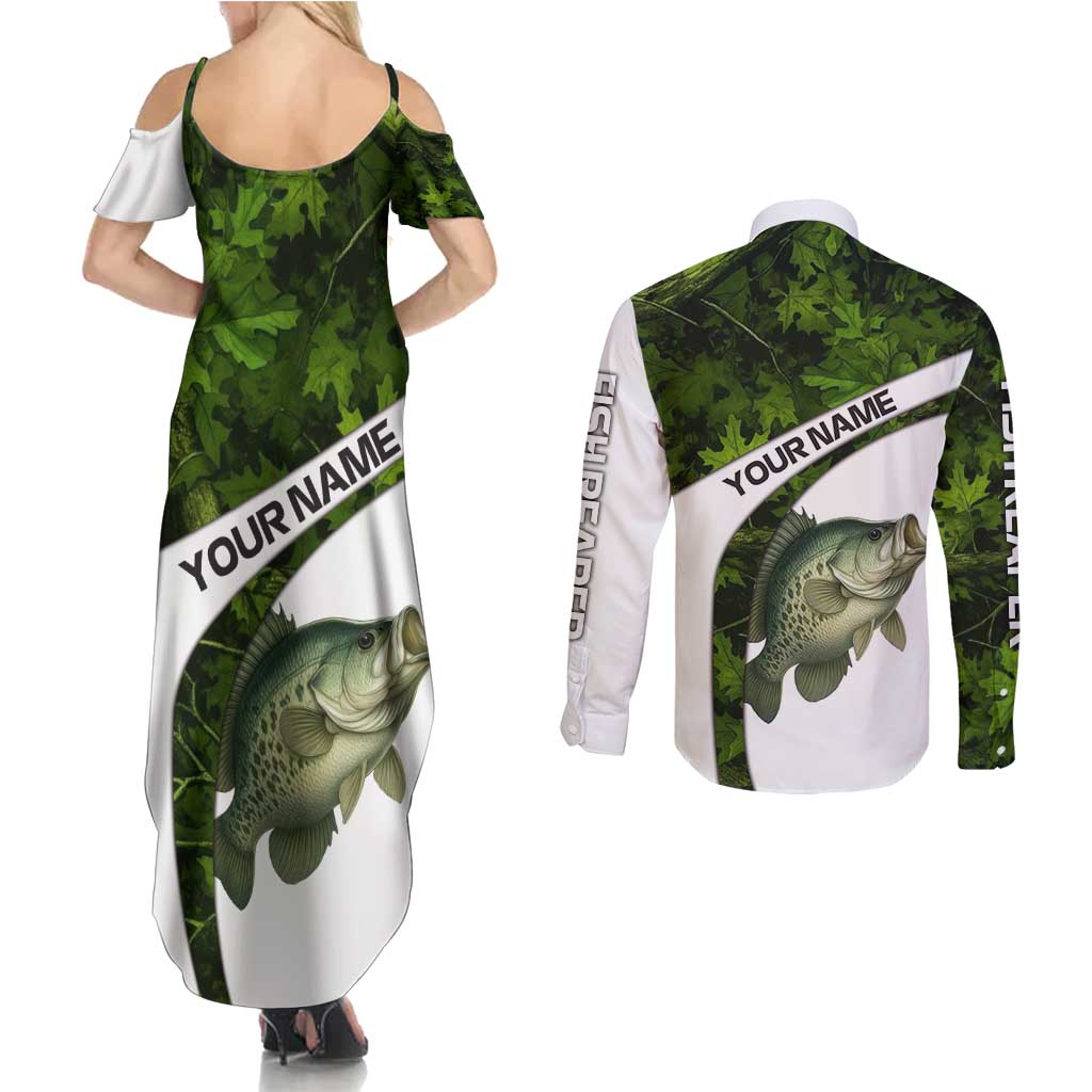 Crappie Fishing Green Camo Couples Matching Summer Maxi Dress and Long Sleeve Button Shirt with Leaf Camouflage and Custom Name Design - Wonder Print Shop