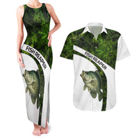 Crappie Fishing Green Camo Couples Matching Tank Maxi Dress and Hawaiian Shirt with Leaf Camouflage and Custom Name Design - Wonder Print Shop