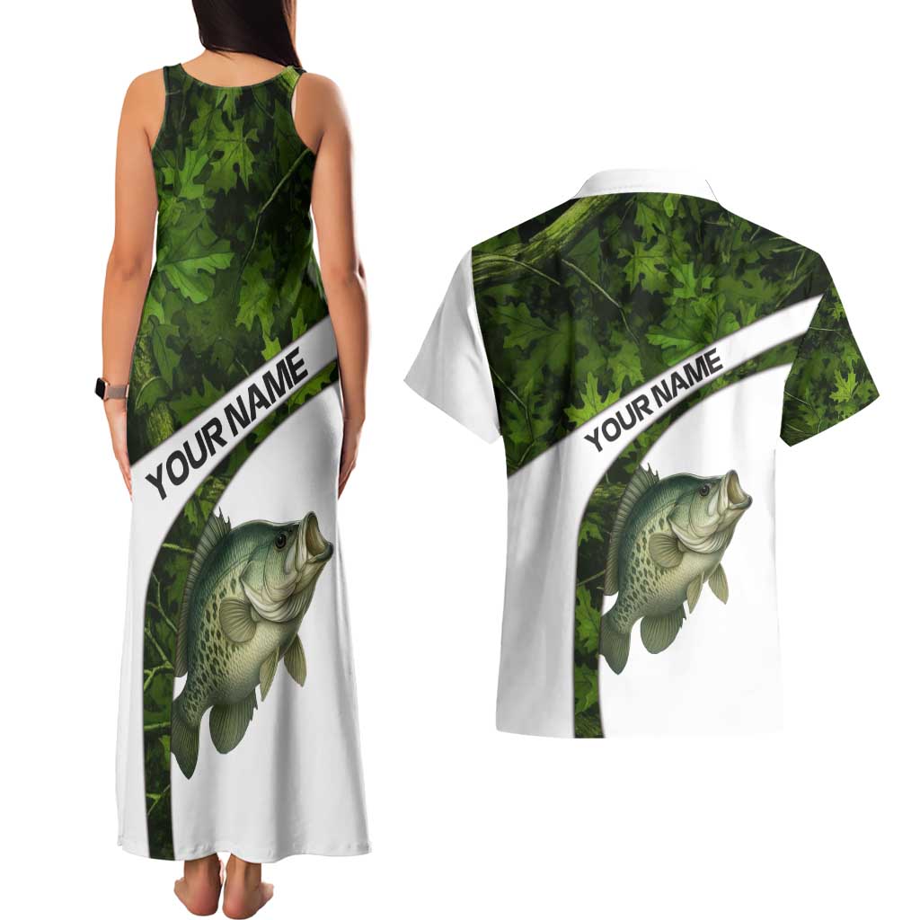 Crappie Fishing Green Camo Couples Matching Tank Maxi Dress and Hawaiian Shirt with Leaf Camouflage and Custom Name Design - Wonder Print Shop