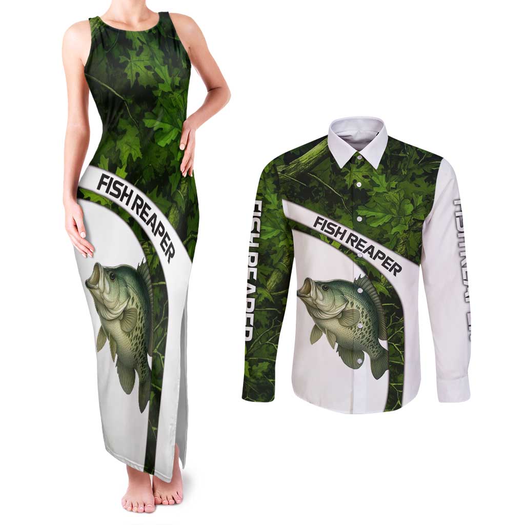 Crappie Fishing Green Camo Couples Matching Tank Maxi Dress and Long Sleeve Button Shirt with Leaf Camouflage and Custom Name Design - Wonder Print Shop