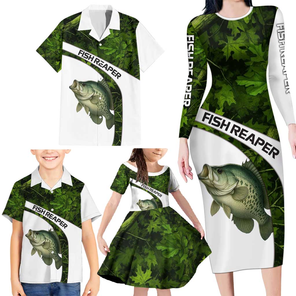 Crappie Fishing Green Camo Family Matching Long Sleeve Bodycon Dress and Hawaiian Shirt with Leaf Camouflage and Custom Name Design - Wonder Print Shop