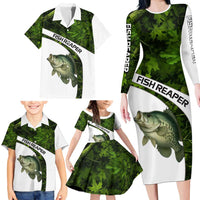 Crappie Fishing Green Camo Family Matching Long Sleeve Bodycon Dress and Hawaiian Shirt with Leaf Camouflage and Custom Name Design - Wonder Print Shop
