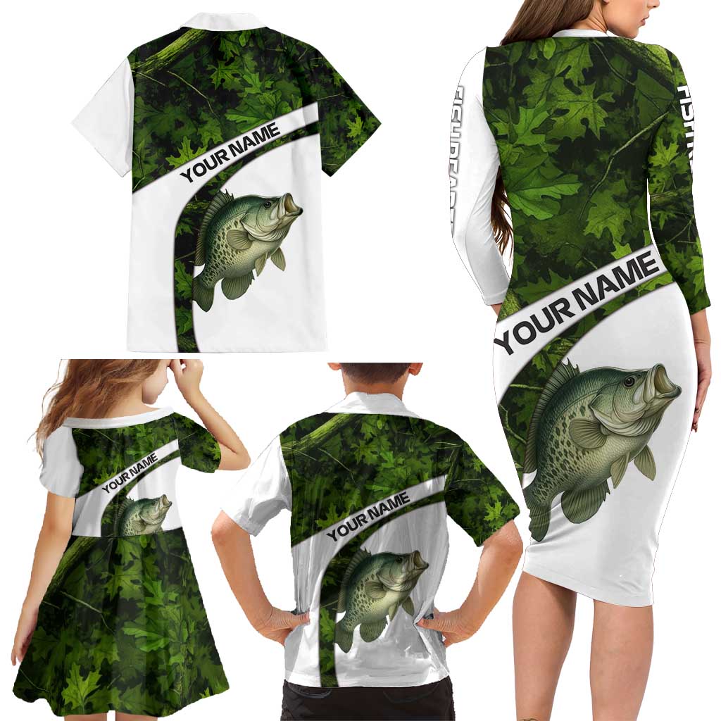 Crappie Fishing Green Camo Family Matching Long Sleeve Bodycon Dress and Hawaiian Shirt with Leaf Camouflage and Custom Name Design - Wonder Print Shop