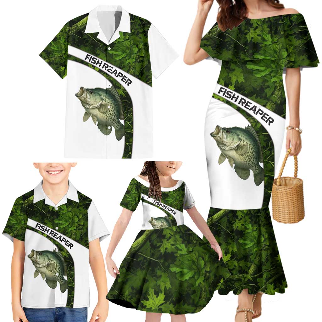 Crappie Fishing Green Camo Family Matching Mermaid Dress and Hawaiian Shirt with Leaf Camouflage and Custom Name Design - Wonder Print Shop