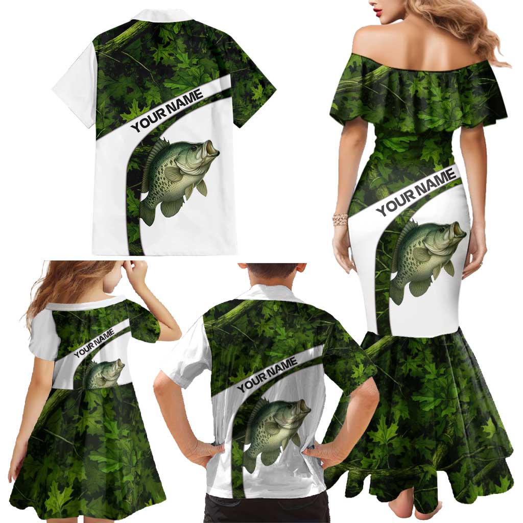 Crappie Fishing Green Camo Family Matching Mermaid Dress and Hawaiian Shirt with Leaf Camouflage and Custom Name Design - Wonder Print Shop