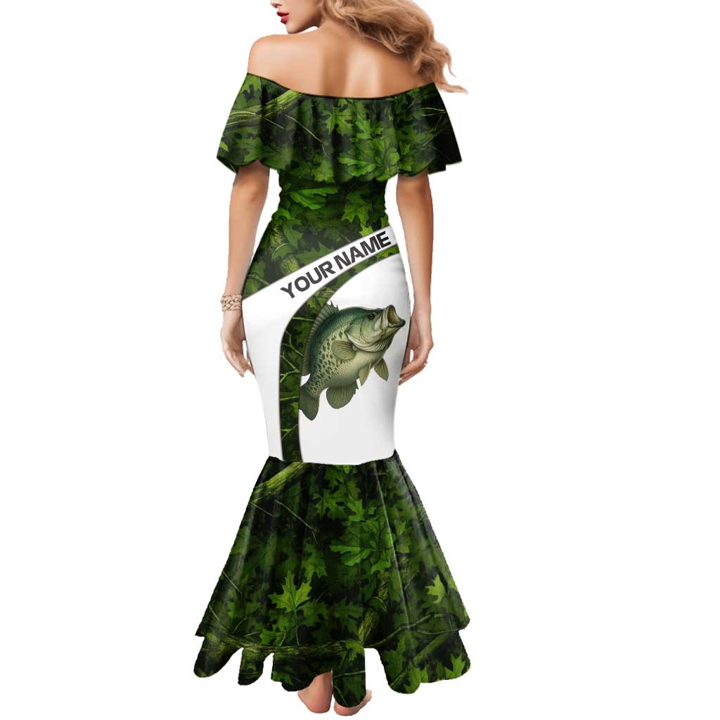 Crappie Fishing Green Camo Family Matching Mermaid Dress and Hawaiian Shirt with Leaf Camouflage and Custom Name Design - Wonder Print Shop