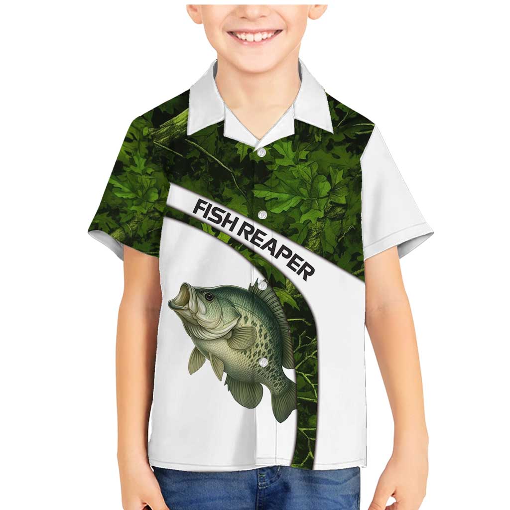 Crappie Fishing Green Camo Family Matching Mermaid Dress and Hawaiian Shirt with Leaf Camouflage and Custom Name Design - Wonder Print Shop