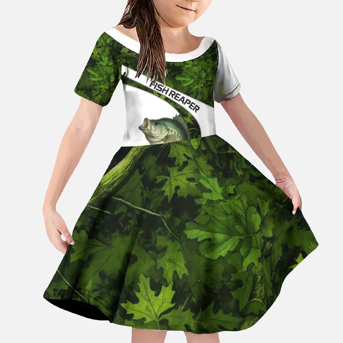 Crappie Fishing Green Camo Family Matching Off The Shoulder Long Sleeve Dress and Hawaiian Shirt with Leaf Camouflage and Custom Name Design - Wonder Print Shop