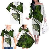Crappie Fishing Green Camo Family Matching Off The Shoulder Long Sleeve Dress and Hawaiian Shirt with Leaf Camouflage and Custom Name Design - Wonder Print Shop