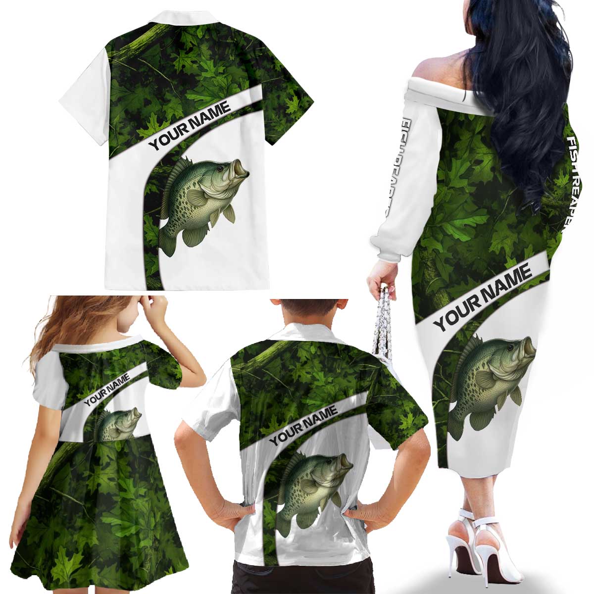 Crappie Fishing Green Camo Family Matching Off The Shoulder Long Sleeve Dress and Hawaiian Shirt with Leaf Camouflage and Custom Name Design - Wonder Print Shop