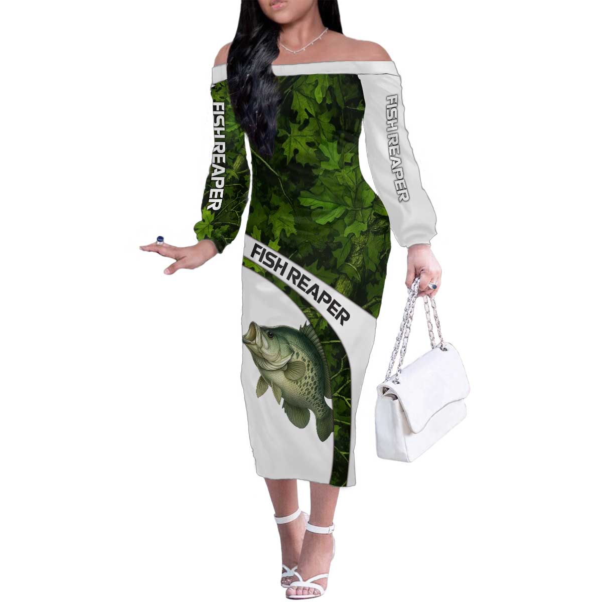 Crappie Fishing Green Camo Family Matching Off The Shoulder Long Sleeve Dress and Hawaiian Shirt with Leaf Camouflage and Custom Name Design - Wonder Print Shop