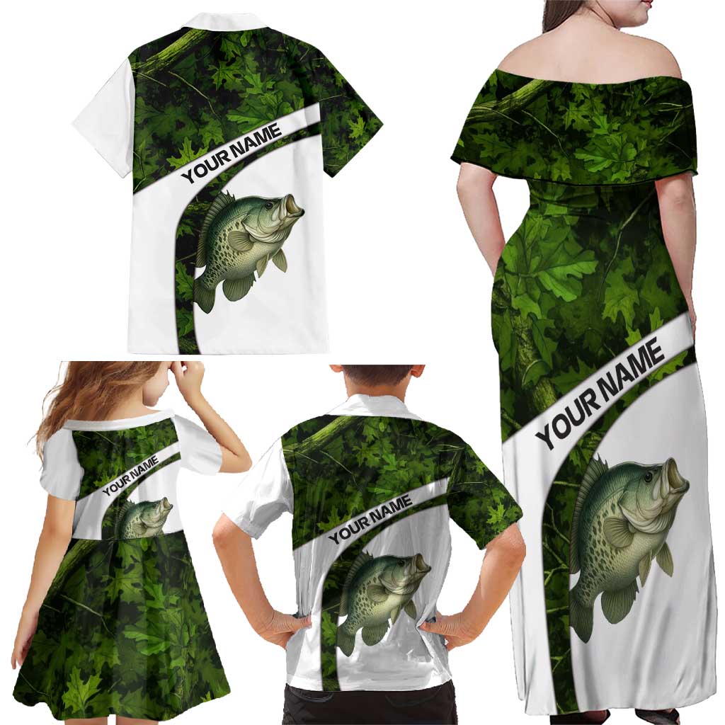 Crappie Fishing Green Camo Family Matching Off Shoulder Maxi Dress and Hawaiian Shirt with Leaf Camouflage and Custom Name Design - Wonder Print Shop
