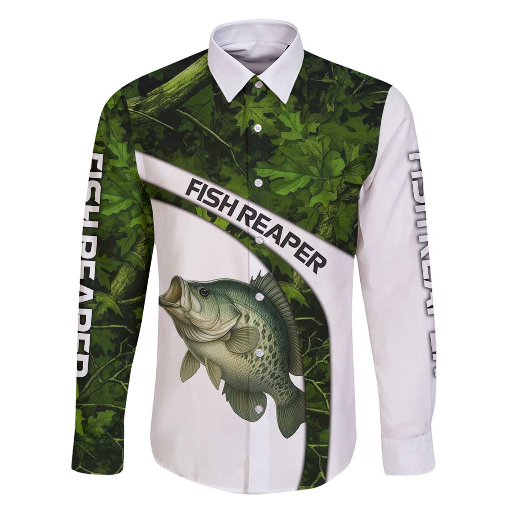 Crappie Fishing Green Camo Family Matching Off Shoulder Maxi Dress and Hawaiian Shirt with Leaf Camouflage and Custom Name Design - Wonder Print Shop