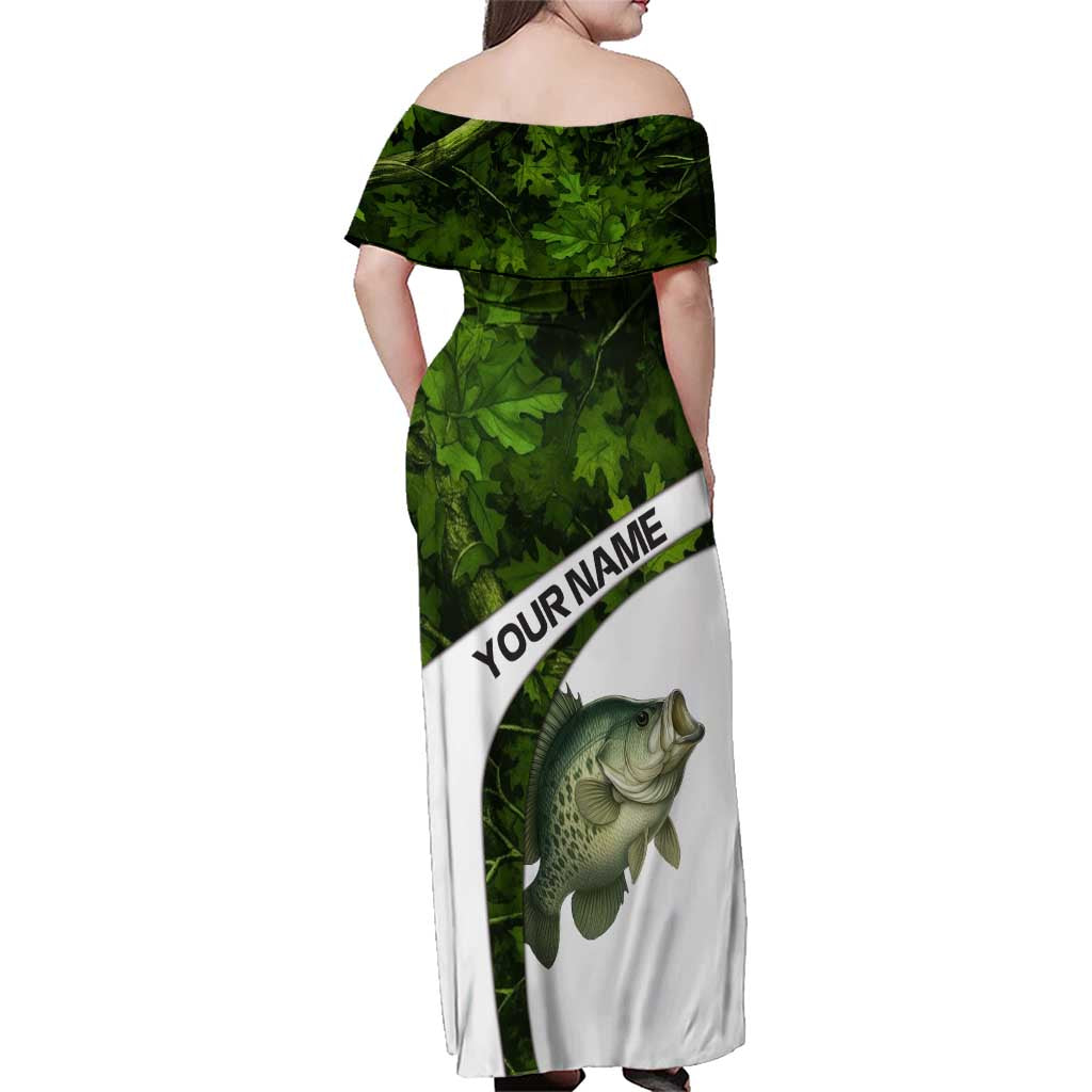 Crappie Fishing Green Camo Family Matching Off Shoulder Maxi Dress and Hawaiian Shirt with Leaf Camouflage and Custom Name Design - Wonder Print Shop