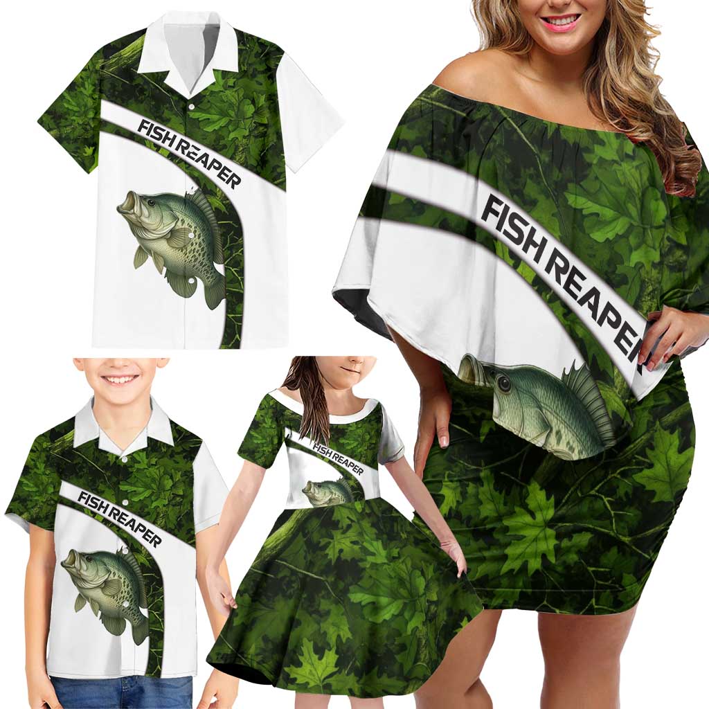 Crappie Fishing Green Camo Family Matching Off Shoulder Short Dress and Hawaiian Shirt with Leaf Camouflage and Custom Name Design - Wonder Print Shop