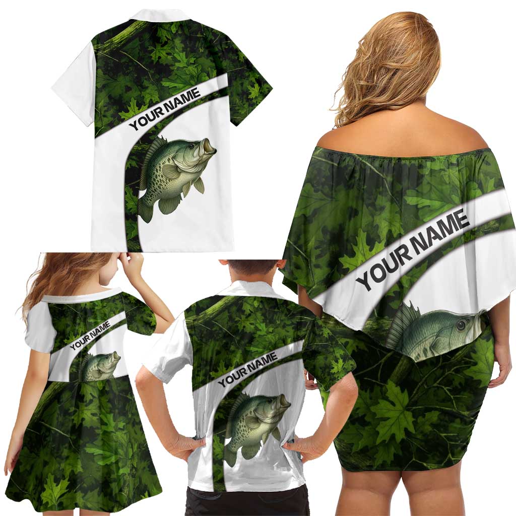 Crappie Fishing Green Camo Family Matching Off Shoulder Short Dress and Hawaiian Shirt with Leaf Camouflage and Custom Name Design - Wonder Print Shop
