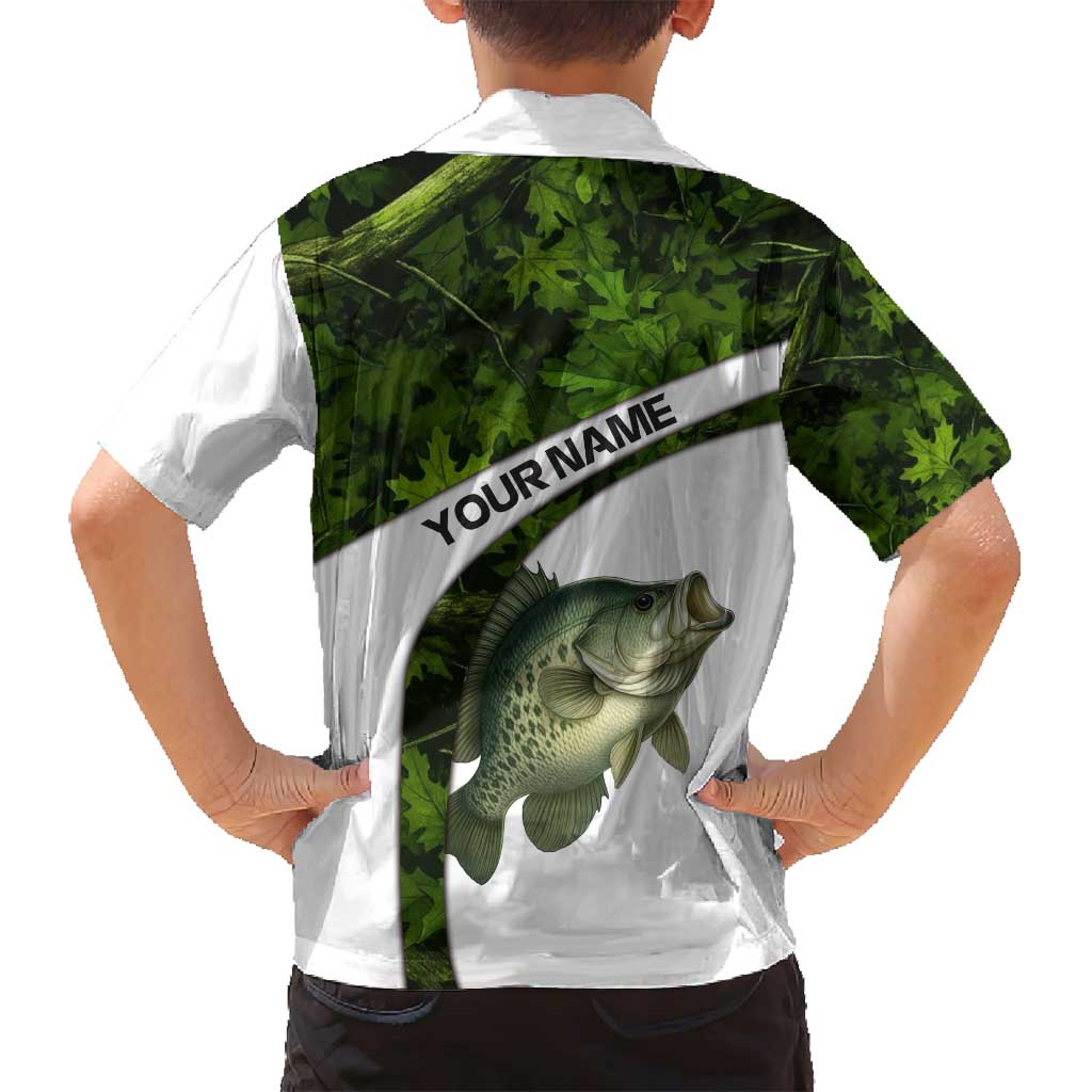Crappie Fishing Green Camo Family Matching Puletasi and Hawaiian Shirt with Leaf Camouflage and Custom Name Design - Wonder Print Shop