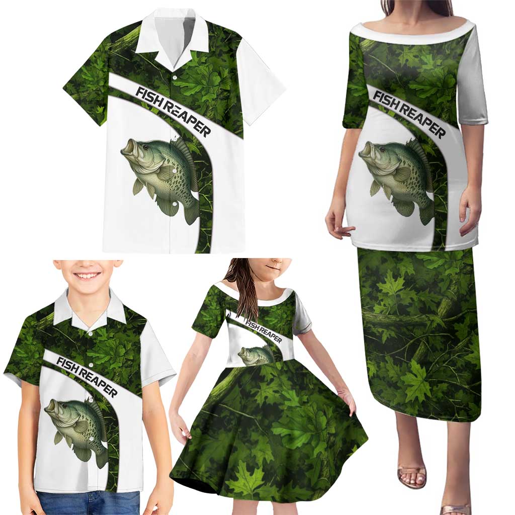 Crappie Fishing Green Camo Family Matching Puletasi and Hawaiian Shirt with Leaf Camouflage and Custom Name Design - Wonder Print Shop