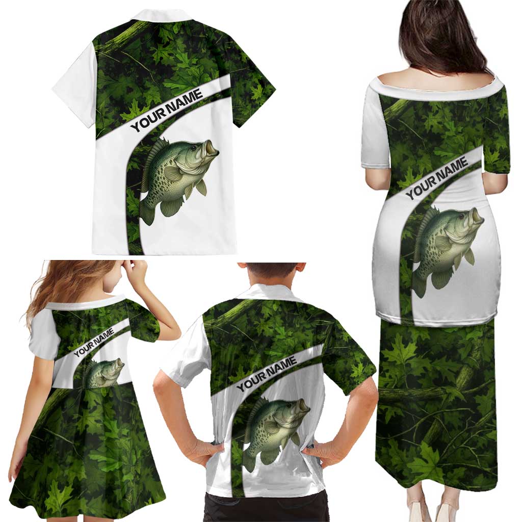 Crappie Fishing Green Camo Family Matching Puletasi and Hawaiian Shirt with Leaf Camouflage and Custom Name Design - Wonder Print Shop