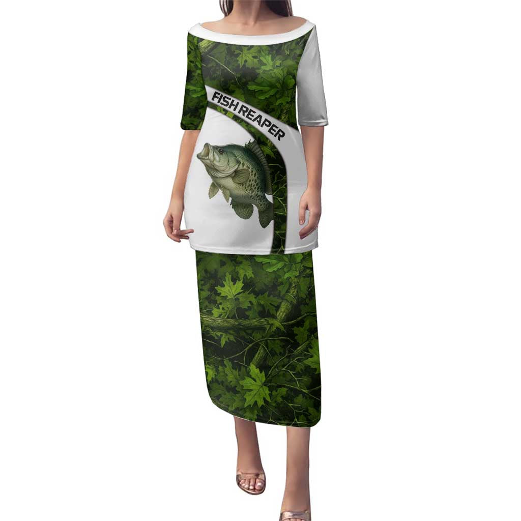 Crappie Fishing Green Camo Family Matching Puletasi and Hawaiian Shirt with Leaf Camouflage and Custom Name Design - Wonder Print Shop