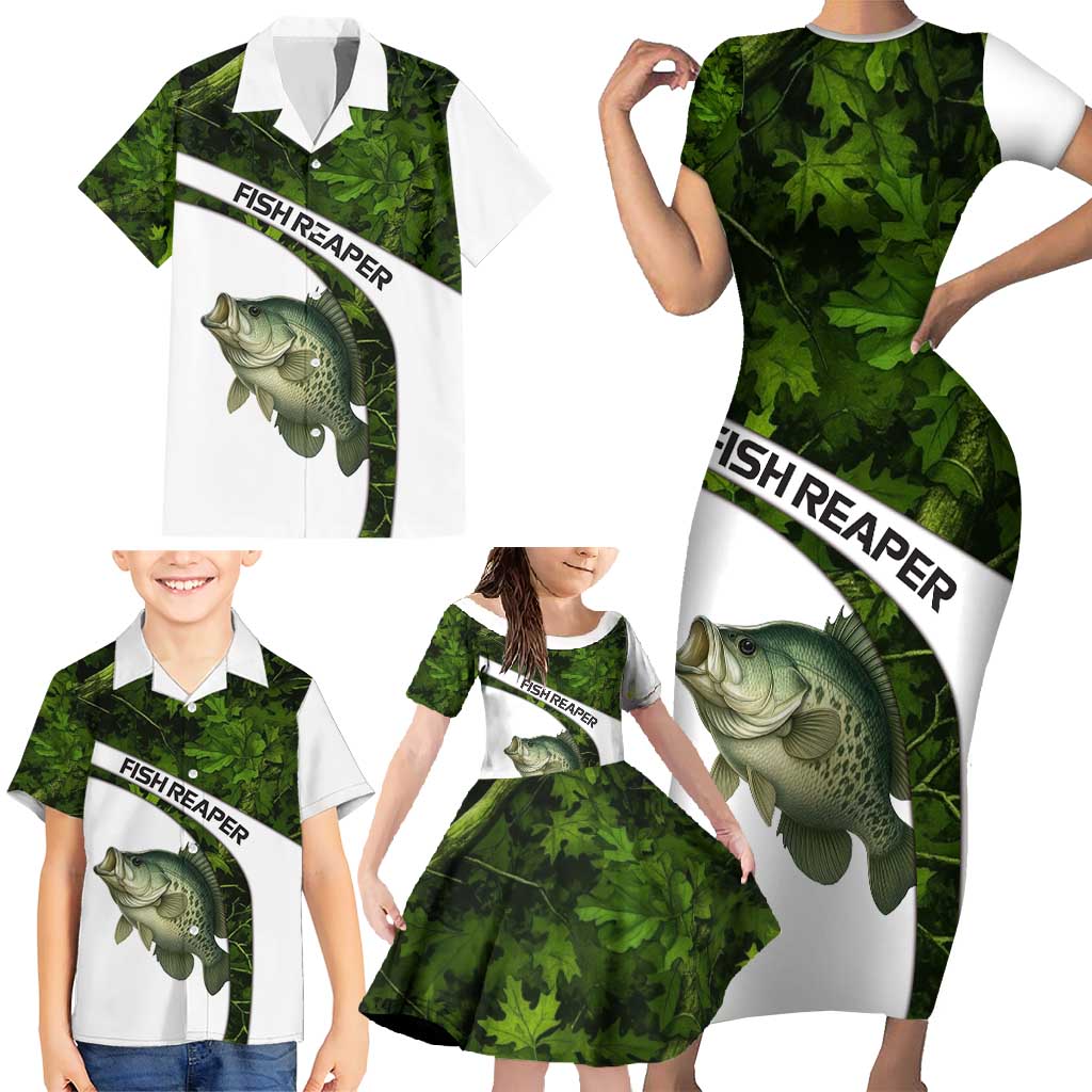Crappie Fishing Green Camo Family Matching Short Sleeve Bodycon Dress and Hawaiian Shirt with Leaf Camouflage and Custom Name Design - Wonder Print Shop