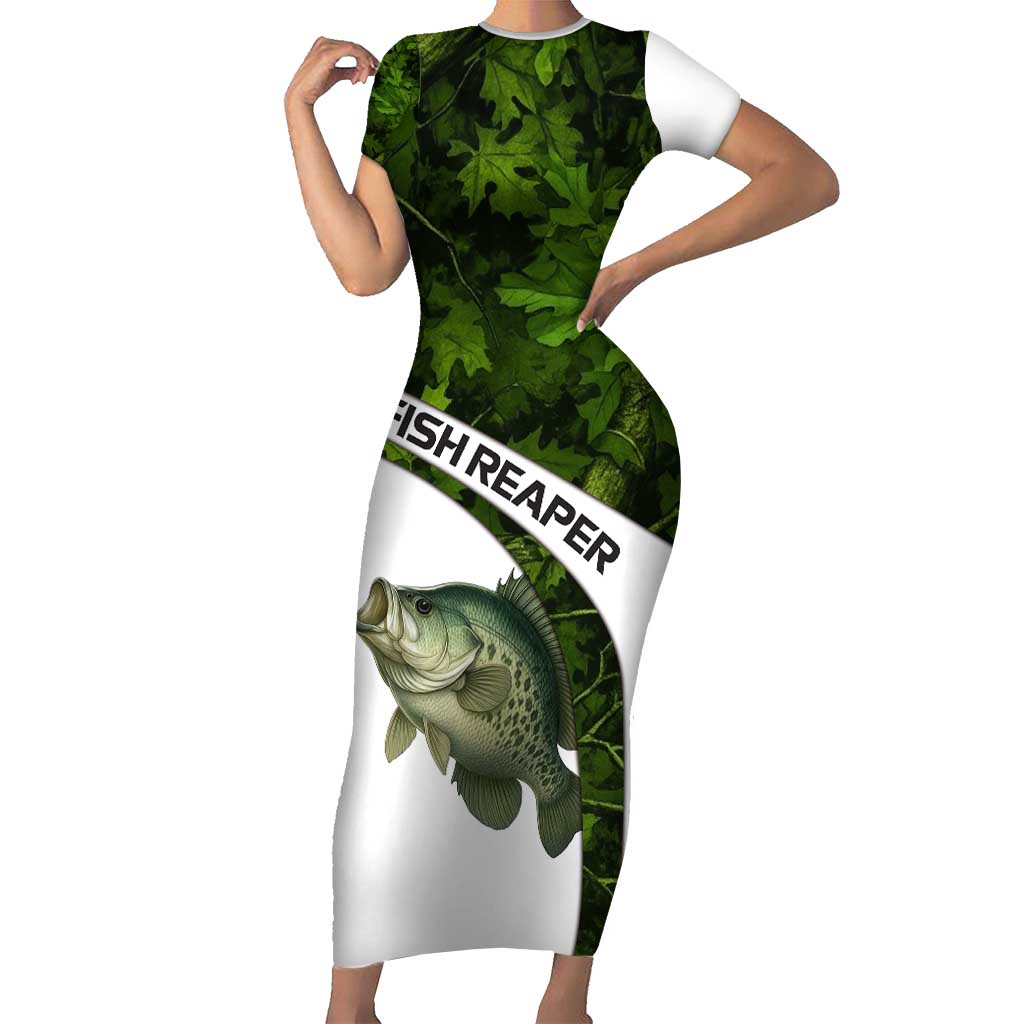 Crappie Fishing Green Camo Family Matching Short Sleeve Bodycon Dress and Hawaiian Shirt with Leaf Camouflage and Custom Name Design - Wonder Print Shop