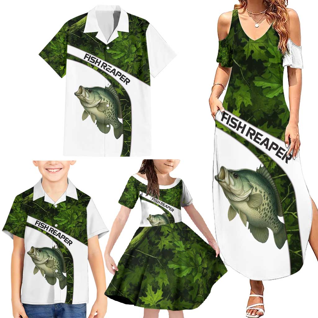 Crappie Fishing Green Camo Family Matching Summer Maxi Dress and Hawaiian Shirt with Leaf Camouflage and Custom Name Design - Wonder Print Shop