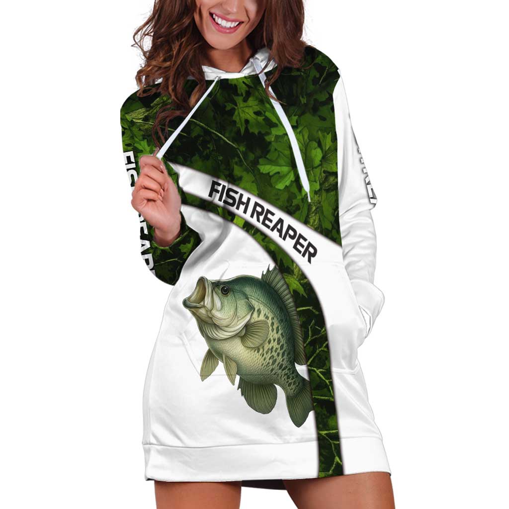 Crappie Fishing Green Camo Hoodie Dress with Leaf Camouflage and Custom Name Design - Wonder Print Shop