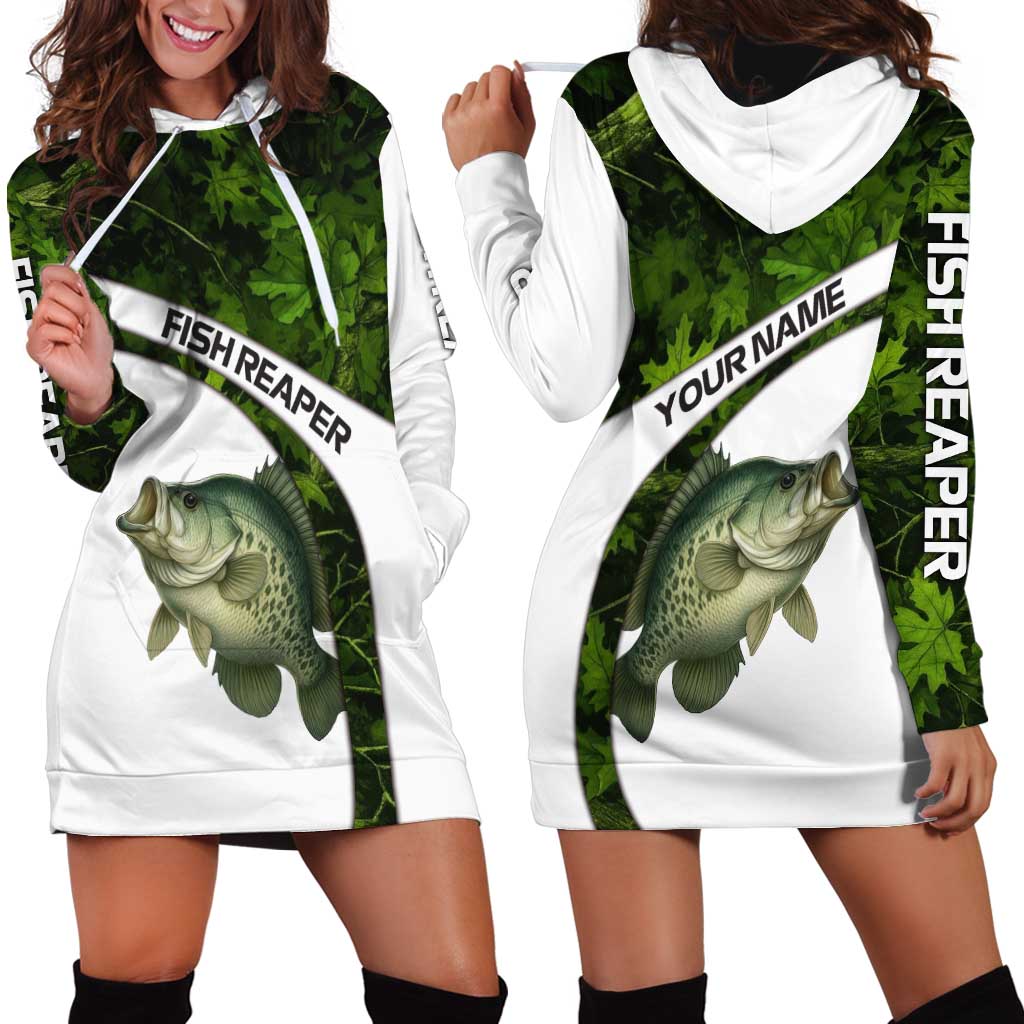 Crappie Fishing Green Camo Hoodie Dress with Leaf Camouflage and Custom Name Design - Wonder Print Shop