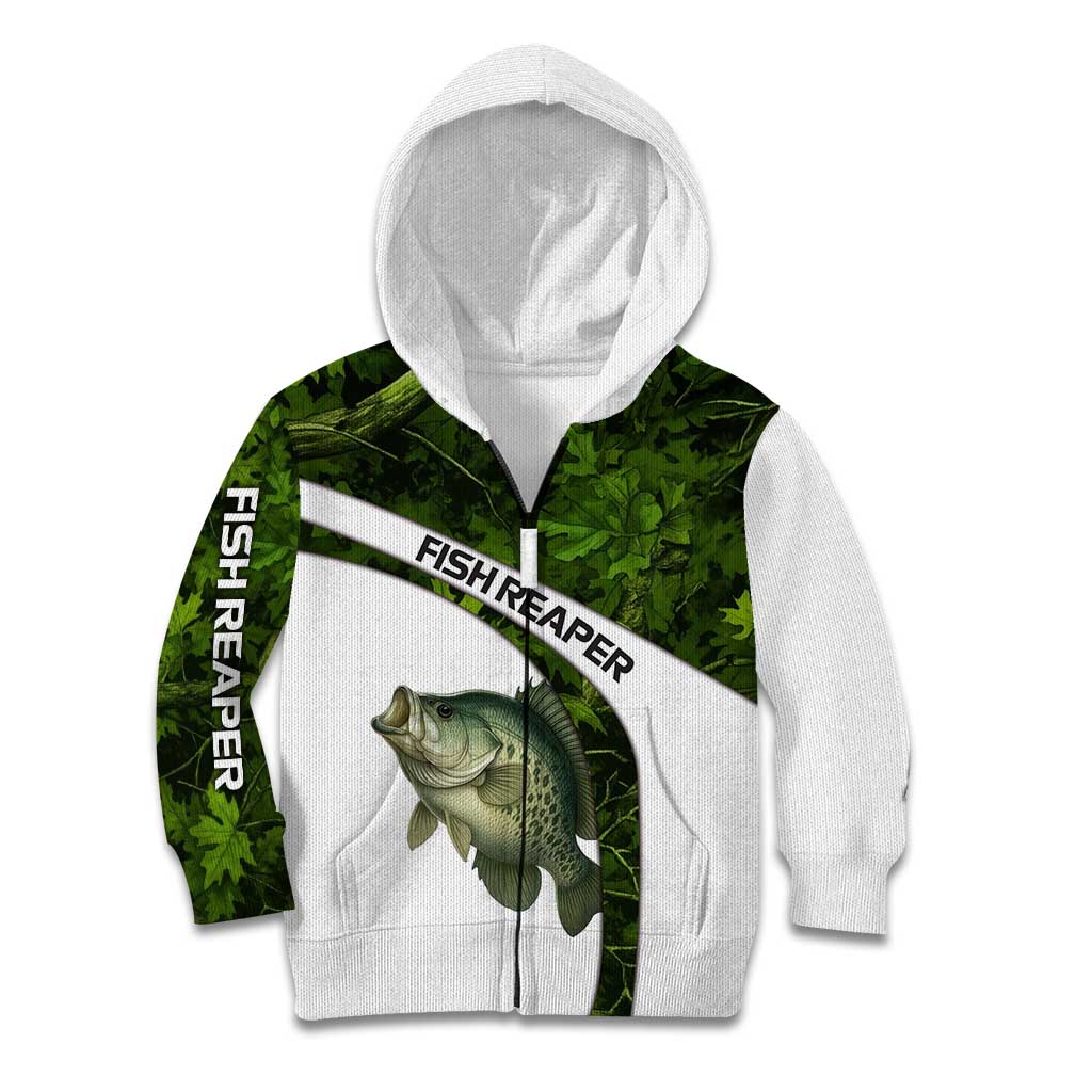 Crappie Fishing Green Camo Kid Hoodie with Leaf Camouflage and Custom Name Design - Wonder Print Shop