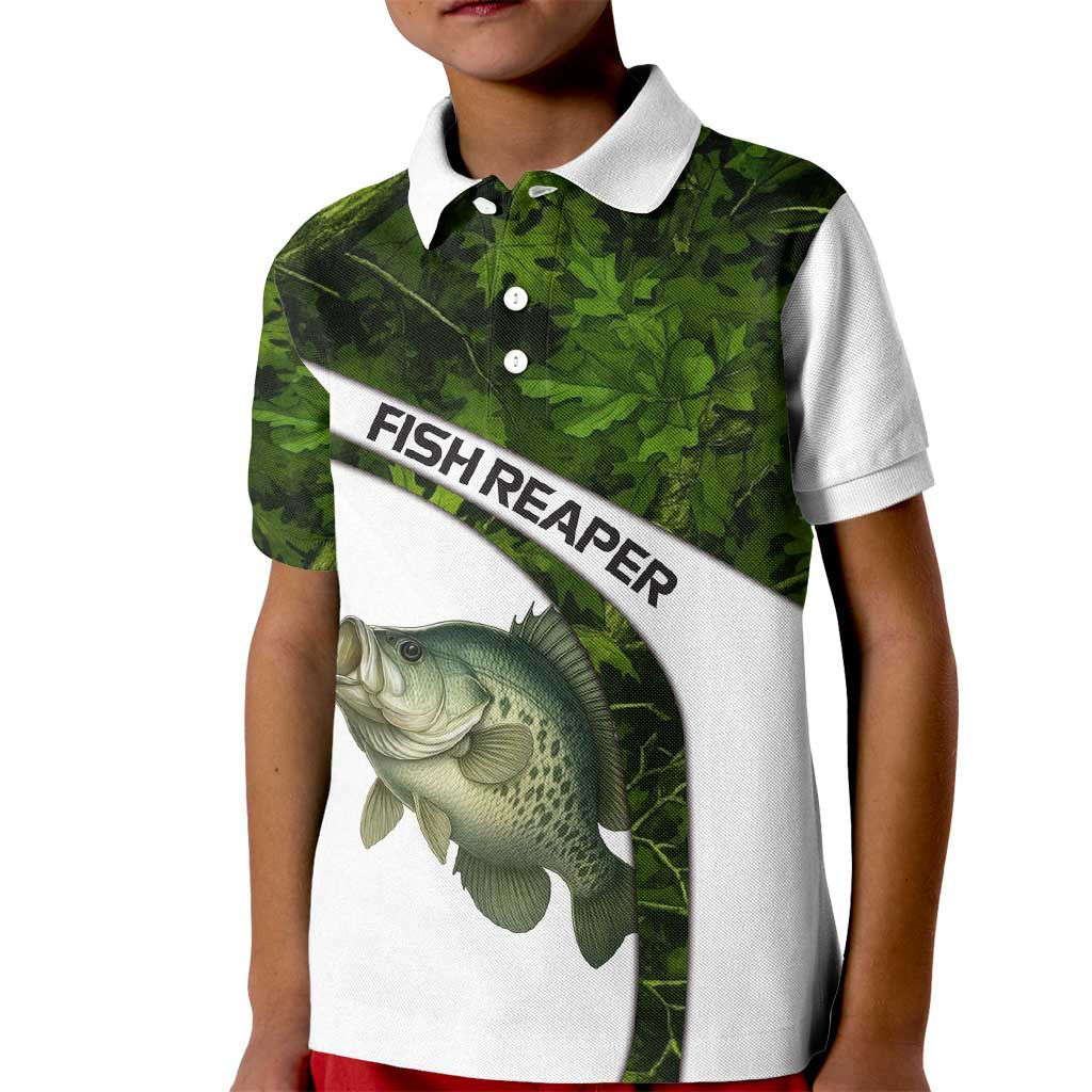 Crappie Fishing Green Camo Kid Polo Shirt with Leaf Camouflage and Custom Name Design - Wonder Print Shop
