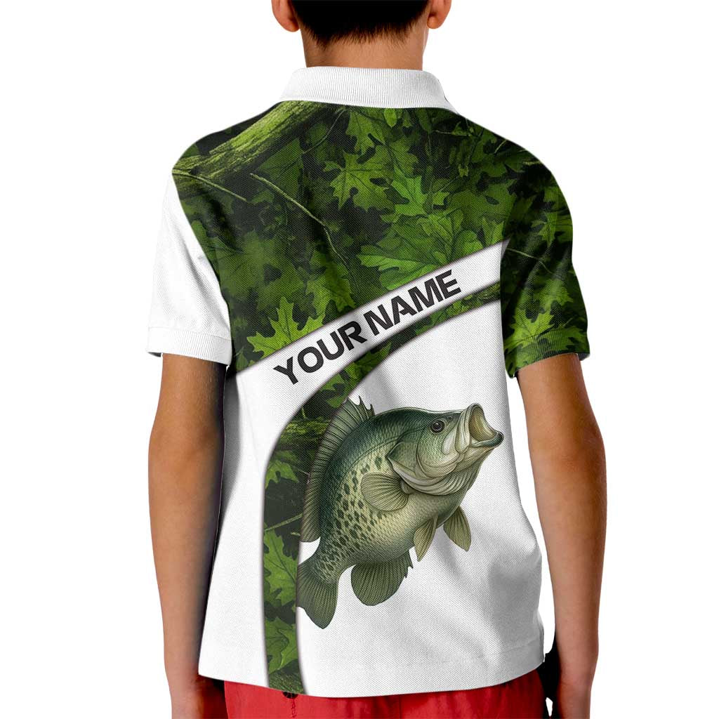 Crappie Fishing Green Camo Kid Polo Shirt with Leaf Camouflage and Custom Name Design - Wonder Print Shop