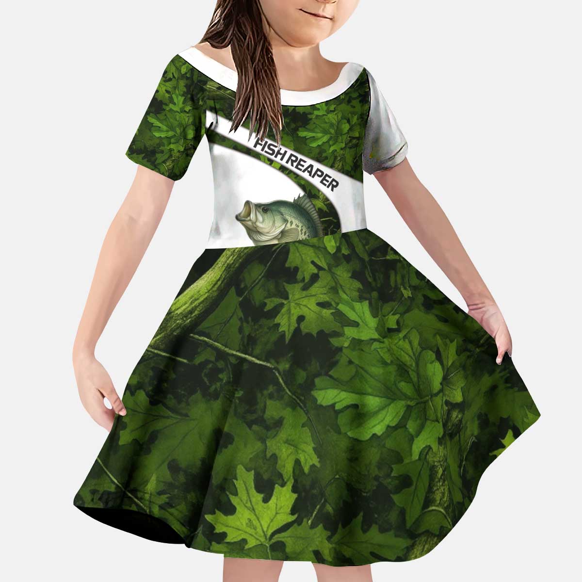 Crappie Fishing Green Camo Kid Short Sleeve Dress with Leaf Camouflage and Custom Name Design - Wonder Print Shop